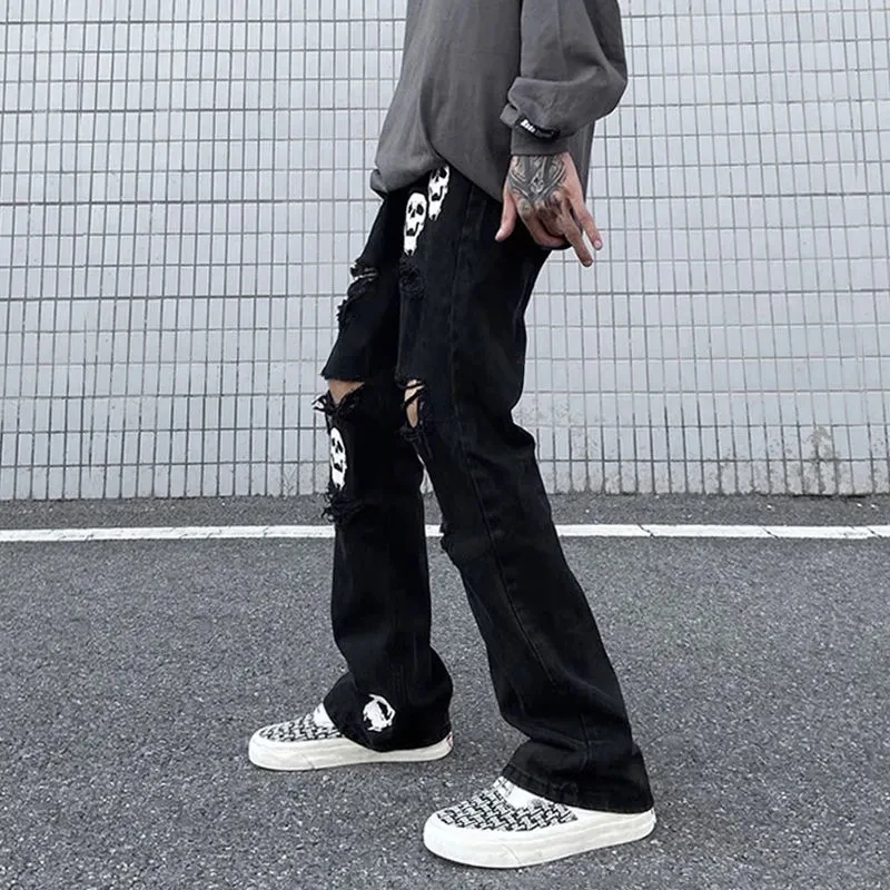 High Street Jeans Skull Print Hollow Jean Pant Denim Straight Pants Men and Women 2023 Summer Hip Hop Streetwear Clothing Black