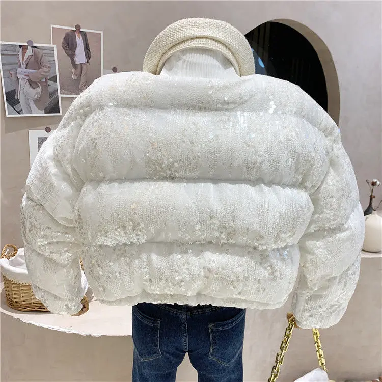 Blingbling Autumn Winter Sequins Velvet Women Cotton-padded Coat All-match Baseball Wadded Jacket Casual Long Sleeve Parkas 2022