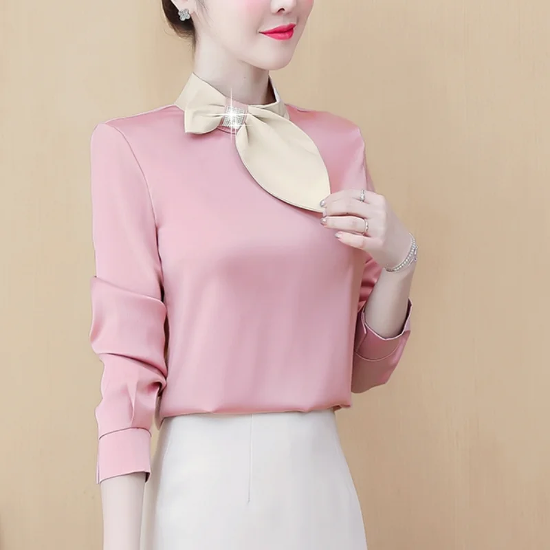 

Блузка Женская атласная на пуговицах, шелковая Элегантная Модная одежда с длинным рукавом, однотонная Базовая рубашка, Топ