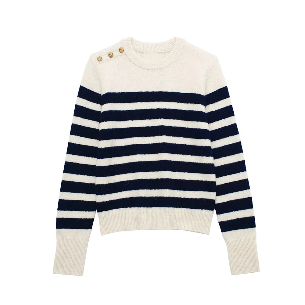 

PB&ZA Women 2022 Autumn Sweater Fashion Stripe Pullover Lady Simple Sweet O-Neck Casual Long Sleeve Tops Sweatshirt 9598010