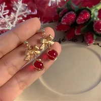 vintage red bow rhinestone stud earrings for women cute triangle love heart small earring fashion party jewelry christmas gift
