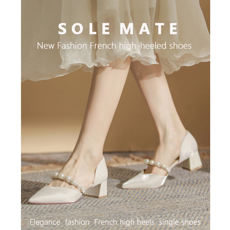 SOLEMATE Women's Leather Pearl Pointed Toe Flat Shoes Stylish Satin Mid Chunky Mary Jane Sandals, Essential High Heels for Women