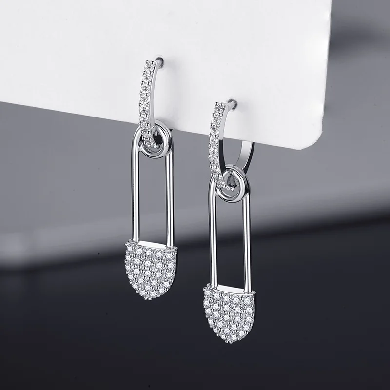 

ARIANA 925 Sterling Silver Needle Personalized Paper Clip Pave Setting CZ Earrings Trendy Huggies Hoop Dangler Jewelry
