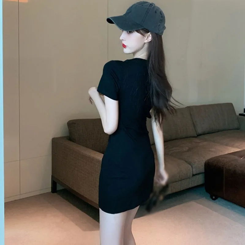 Y2K Женское Облегающее Летнее Платье Черного Цвета Длиной До Колена С Круглым