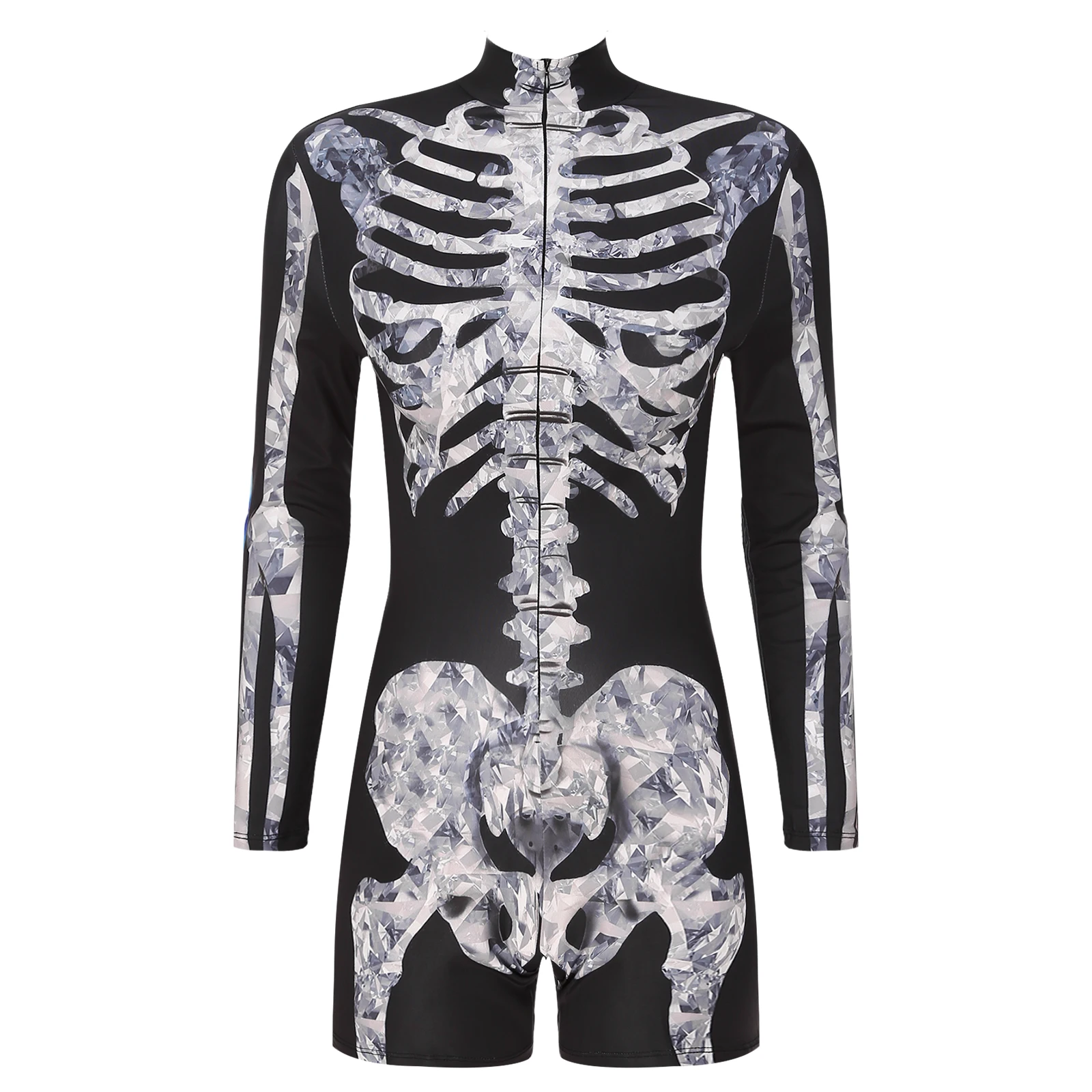 

Женский костюм на Хэллоуин, Забавный костюм кошки с принтом скелета, боди на невидимой молнии, короткий комбинезон с длинным рукавом и ложным воротником