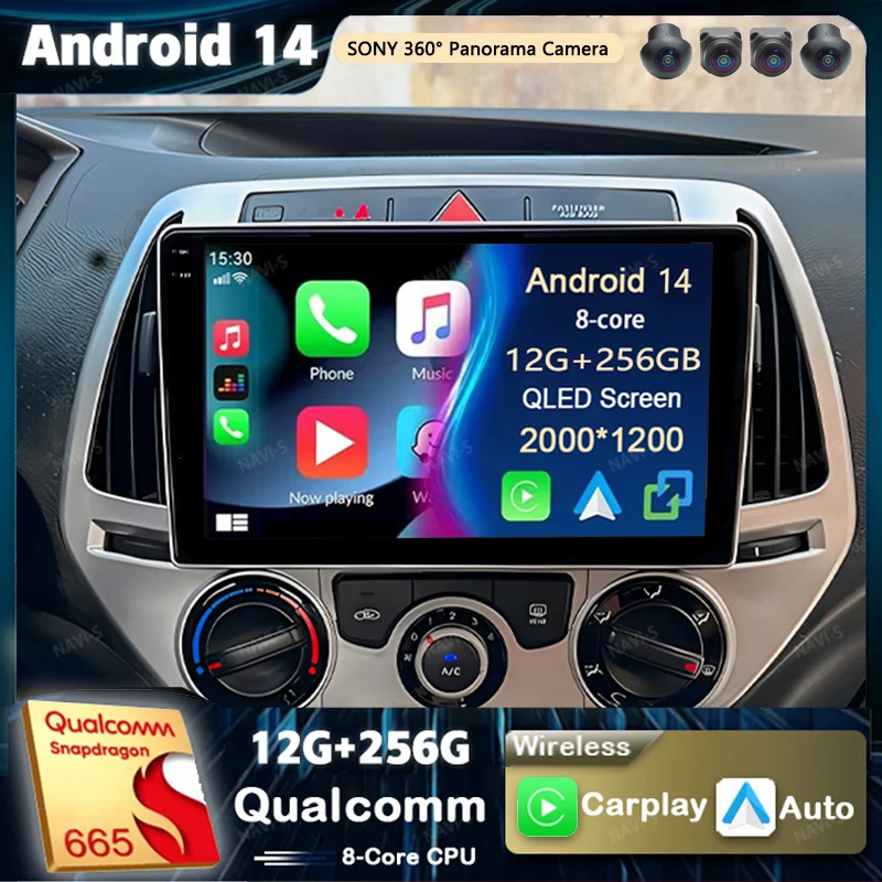Автомагнитола на Android 14 для Hyundai i20 PB 2008 - 2014 2K QLED мультимедийный видеоплеер с GPS