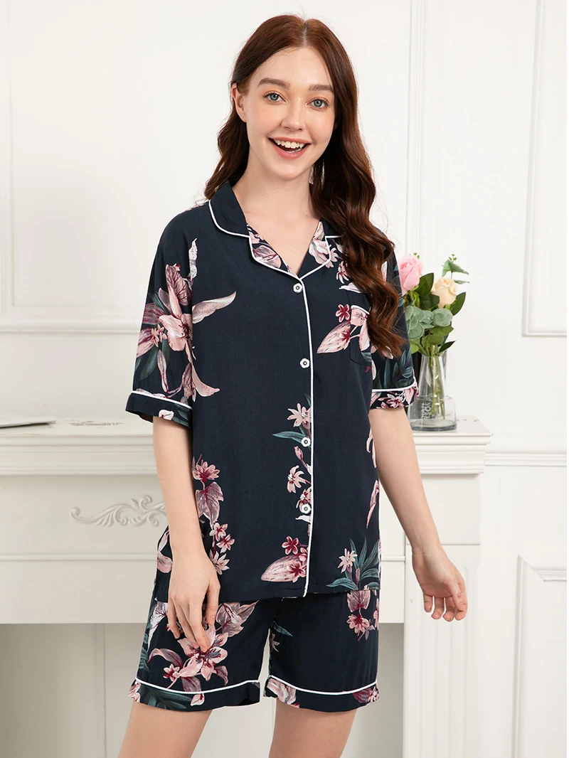 

Women's 100% Viscose S-3XL Sleepwear FPrint Short Pajama Set Contrast Piping Loose Pants Lougewear Home Nightwear