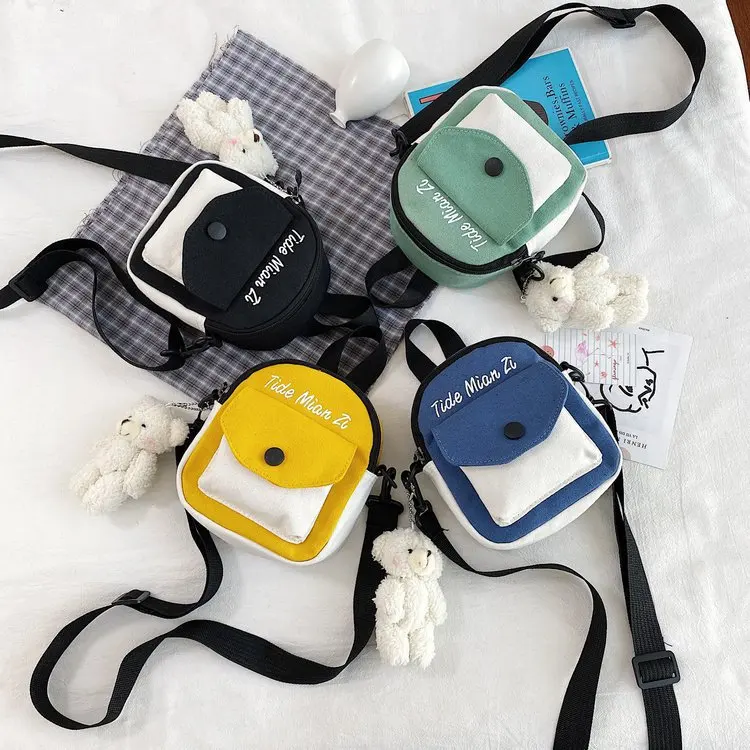 

2022 Winter New Canvas Bag Japanese Ins Contrast Color Small Bags Girl Pastoral Art Partysu Crossbody Bag