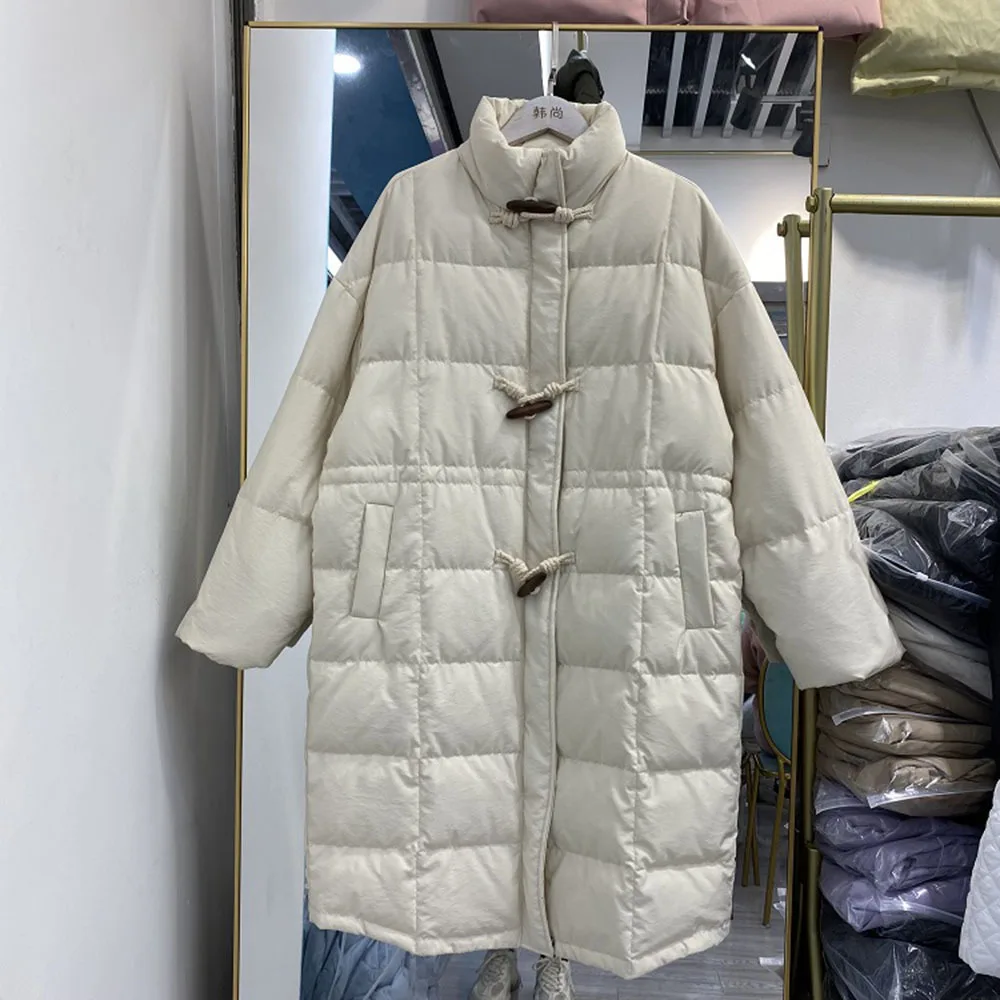 Women's Winter 90% White Duck Down Jacket Korean Long Puffer Fluffy Coat horn buckle Female Loose Feather Parkas Snow Outwear