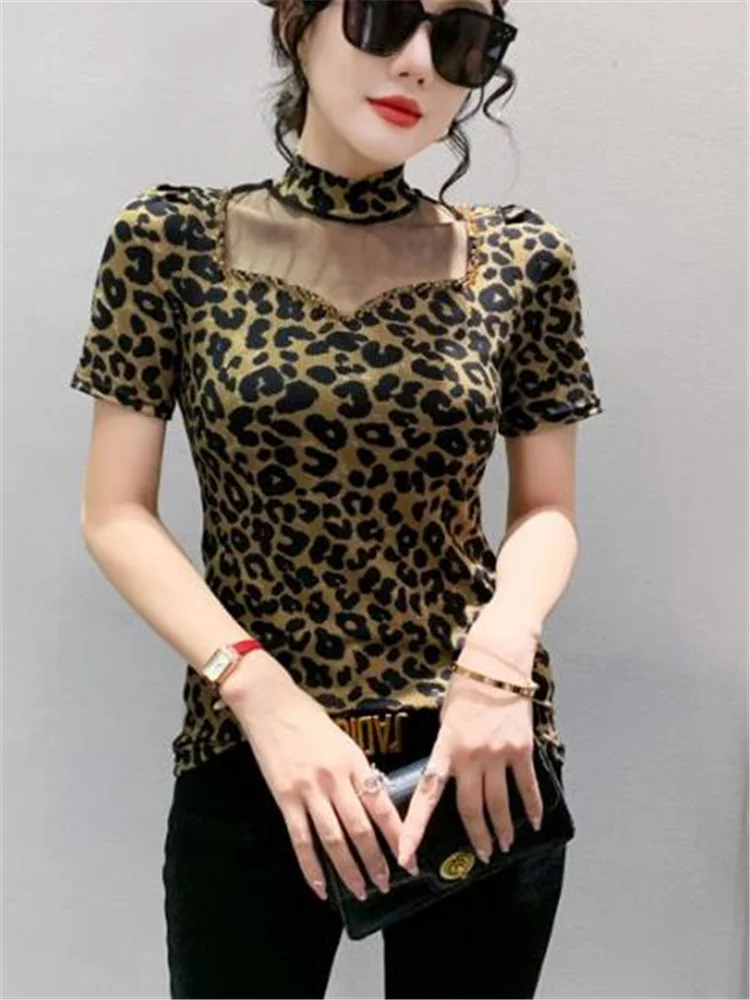 

Fashion Leopard Print T-shirt For Women Short Sleeve T-shirt Sexy Mesh Splice Blouses Bead Hollow Out Summer Clothes Femme Tees