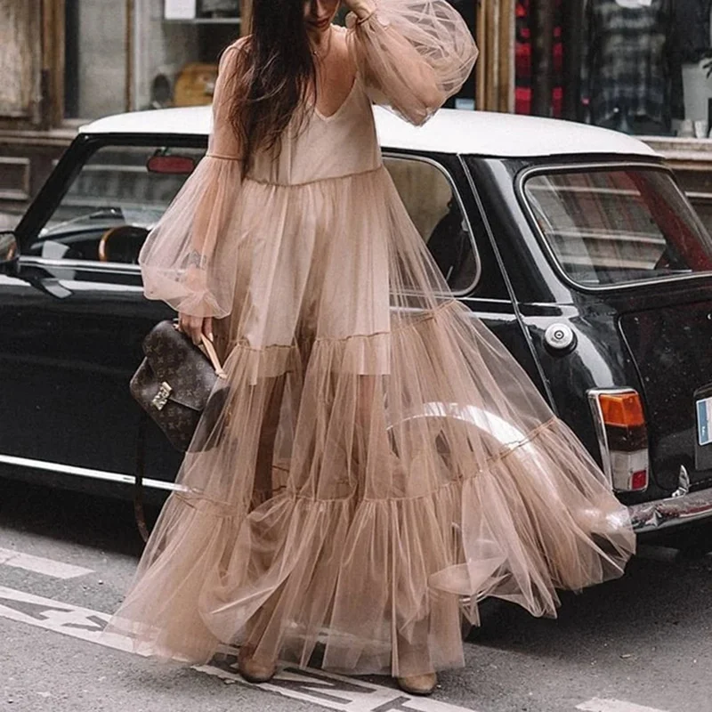 

Повседневное элегантное приталенное пикантное платье, новое женское Прозрачное платье с глубоким V-образным вырезом и рукавами-фонариками, длинное платье f2023 для лета