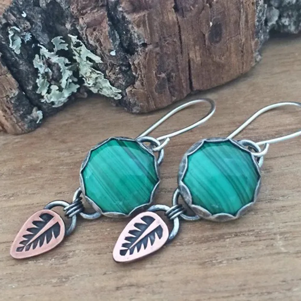 

Green Phoenix Stone Natural Stone Leaf Pendant Earrings for Women Vintage Silver Color Original and Funny Earrings Wholesale