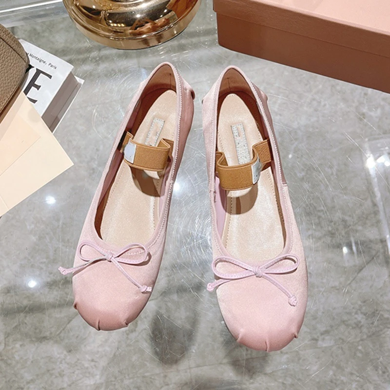 

2022 New Bow Knot Slotted with Diamond Flat High Heel Ballet Shoes Mary Jane Single Shoes