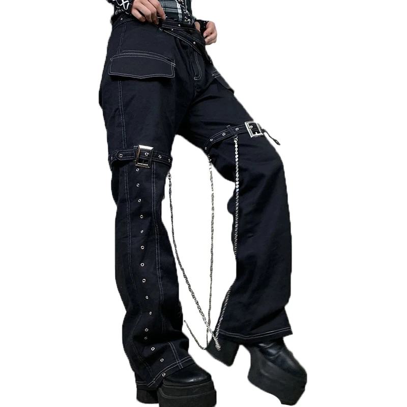 2022 Emo Punk Chain Pants Black Cargo Woman's Jeans Gothic Alt Clothes Eyelet Buckle Straight Pants Pockets Y2k Hippie Trousers