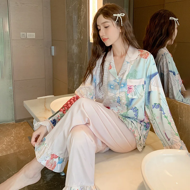 Light Luxury Thin Ice Silk Women's Pajamas Sets High-end Simulation Silk Home Service Sleepwear Spring and Autumn Nightwear Suit