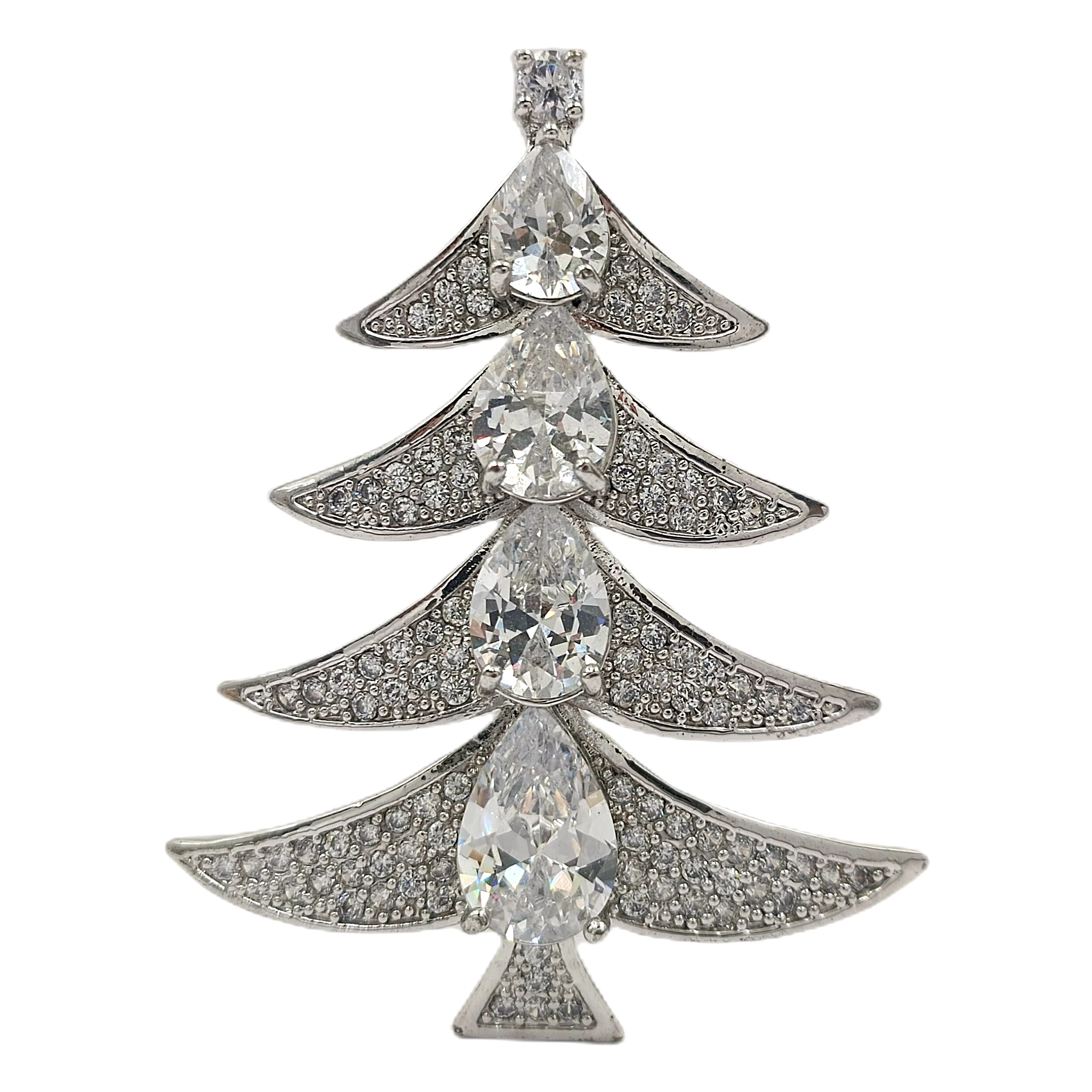 

Sparkling Clear Pear Cubic Zircon Accent Silver Christmas Tree Brooch Pin Designer Jewelry for Wrap Vest Sweater Bags Hat Gift
