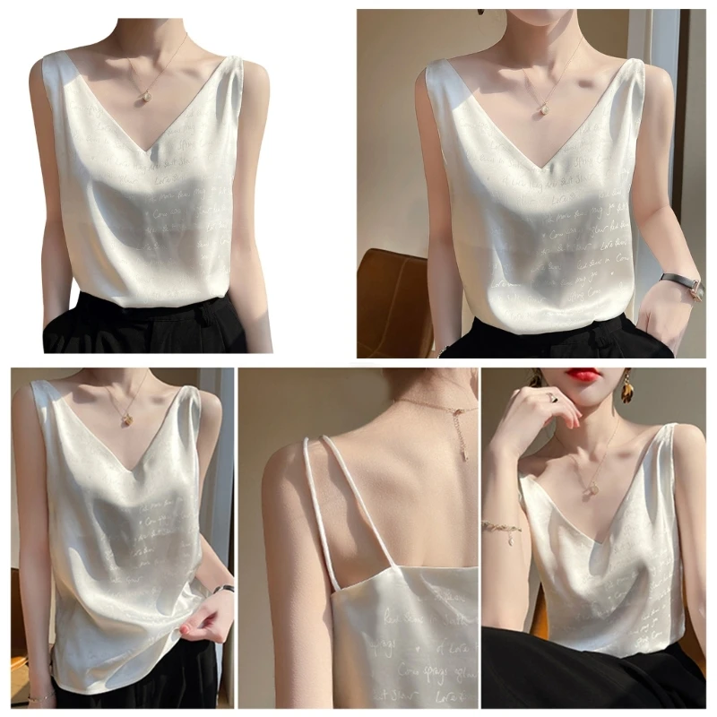 

Women Sleeveless Satin Top Solid Color Letter Jacquard Satin Cami T-Shirt