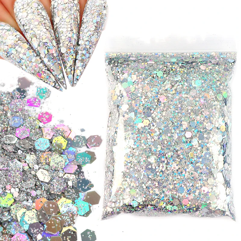 

50g Glitter Bulk Holographic Nail Sequin Mixed Hexagon Silver Shiny Chunky Sparkly Flakes for Nail Polish Decoration Accessorios