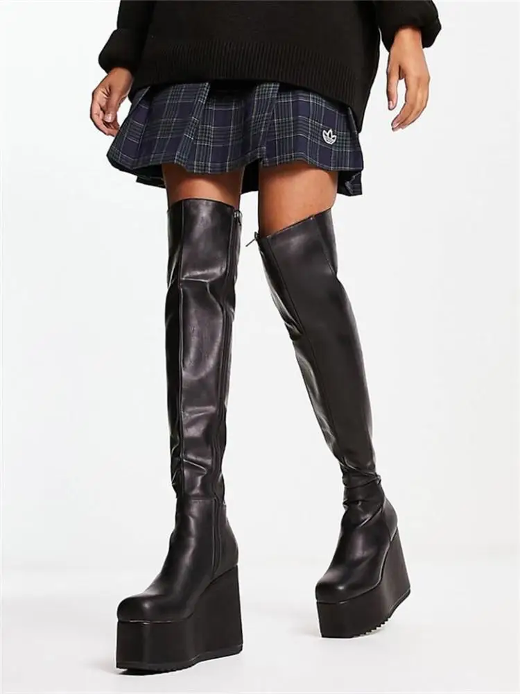 

High Heel Women Boots 2023 Winter New Platform Wedge Heel Plus Size 40-43 Street Photo Gothic Style Female Over The Knee Boots