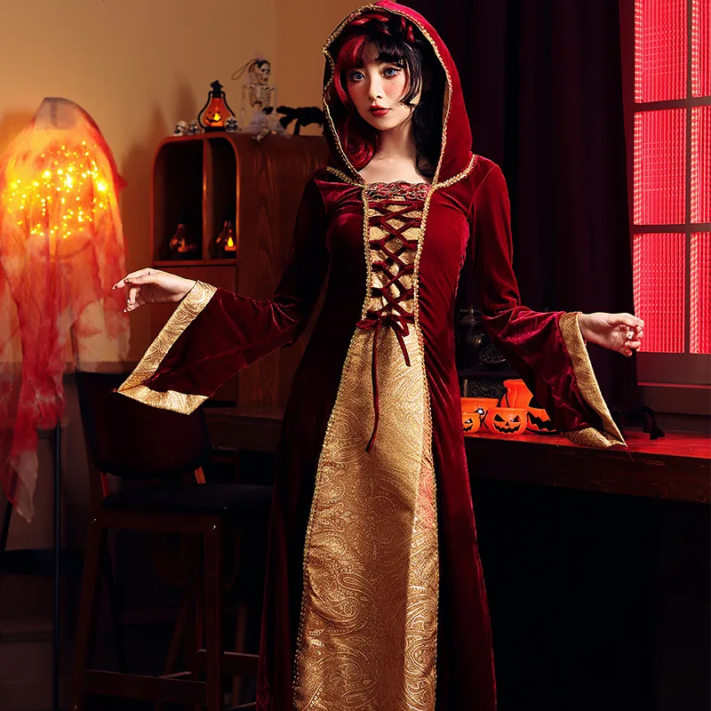 

Retro European Medieval Dress Gothic Court Dress Halloween Costume Drama Stage Performance Women Burgundy Splicing Dresses