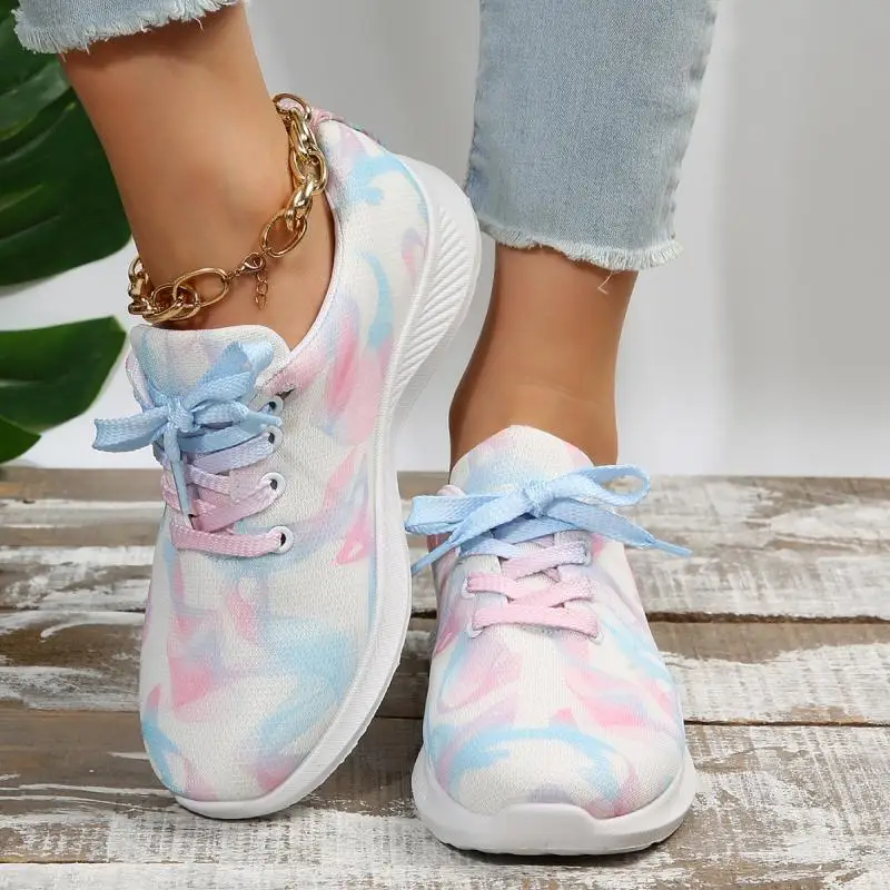 

New Mix Color Tie Dye Sneakers Women Autumn Knit Lace Up Platform Sports Shoes Woman Breathable Mesh Walking Shoes Plus Size 43