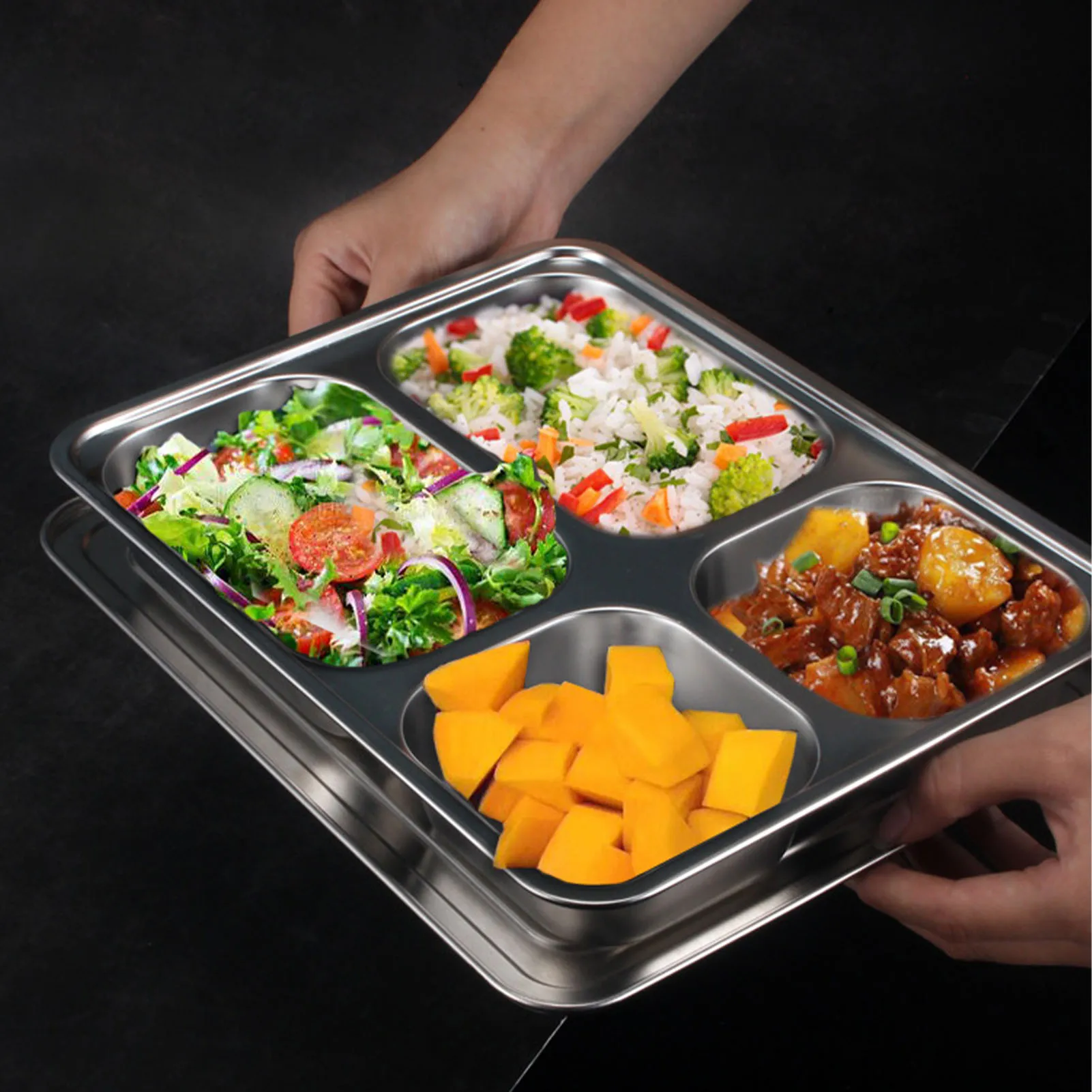 Stainless Steel Divided Tray With 4 Rectangular Compartments Cheap Practical Dinner Plate For School Company Home Camp Kid |