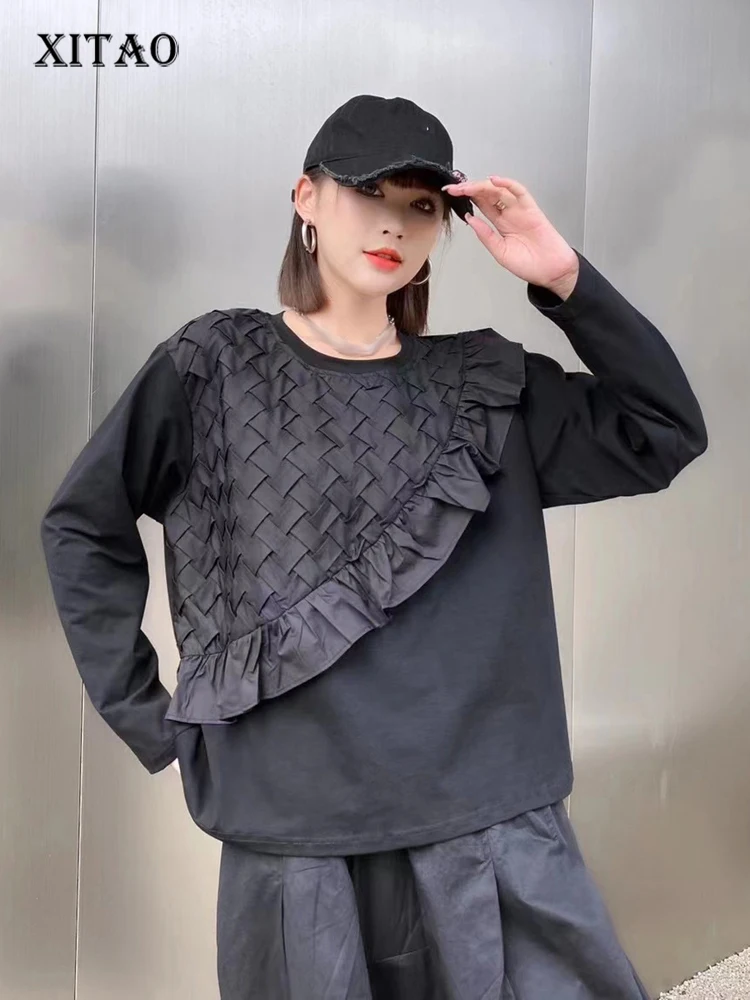 

XITAO Personality Casual T-shirt Asymmetrical Edible Tree Fungus Weave Splicing Decoration Top Loose Autumn New Women DMJ2361