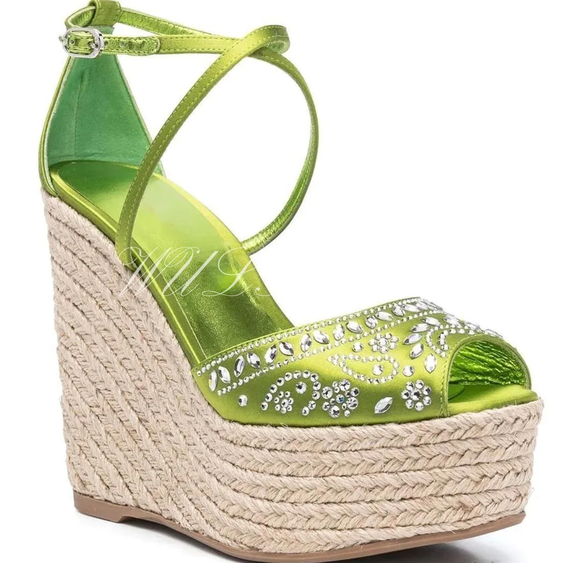 Pink Drop Diamond High Wedge Sandals Peep Toe Green Silk Satin Glossy Cover Heel Platform Cross Strap Design Buckle Women Shoes