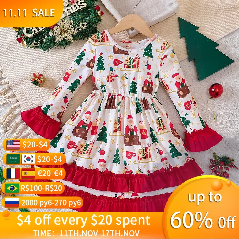 

Girls' Autumn and Winter New Christmas Clothing Ruffle Flare Sleeve Dress