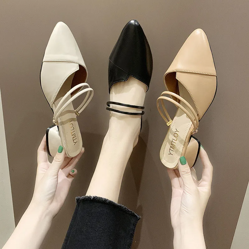 

Women Mules Pumps Chunky Mid-heeled 5CM Pointed Toe Beige Apricot Casual Slip-on Shoes PU Half Drag 2022 Summer Zapatos De Mujer