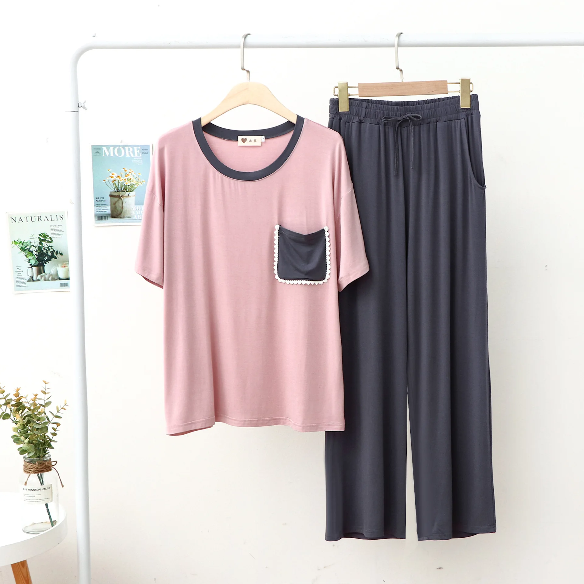 Modal Pajamas Set Women Home Wear Short Sleeve Trousers Contrasting Colors Round Neck Pocket Lace Show Temperament Leisure Suits