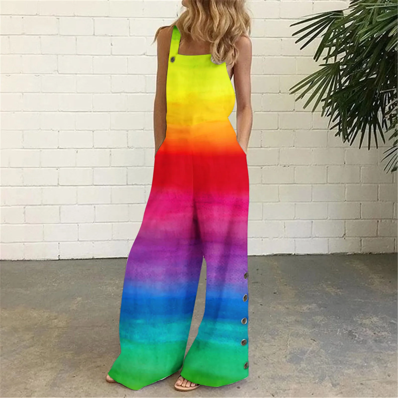 Rainbow Striped Casual Loose Women Jumpsuit Pockets Baggy Bib Overalls Summer Beach Wide Leg Long Pants Long Romper Playsuit 4