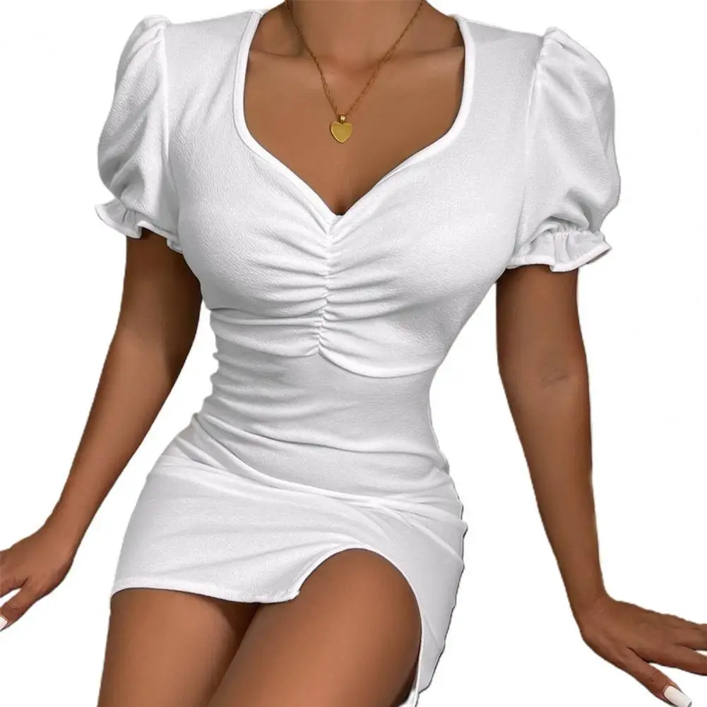 

Fashion Solid Color Slim Fit Mini Dress Women Lightweight Summer V Neck Puff Sleeve Sheath Dress Streetwear Ladies Elegant Dress