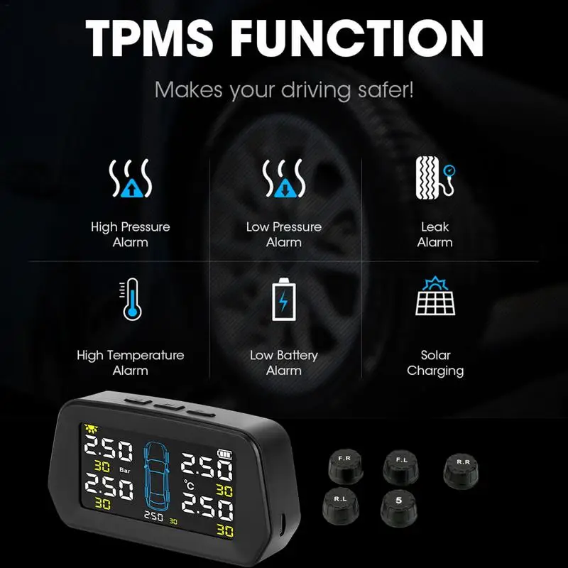 

Wireless Solar TPMS Tire Pressure Monitoring System Tool With Built-in Rechargeable Lithium Battery TPMS Real-time Display