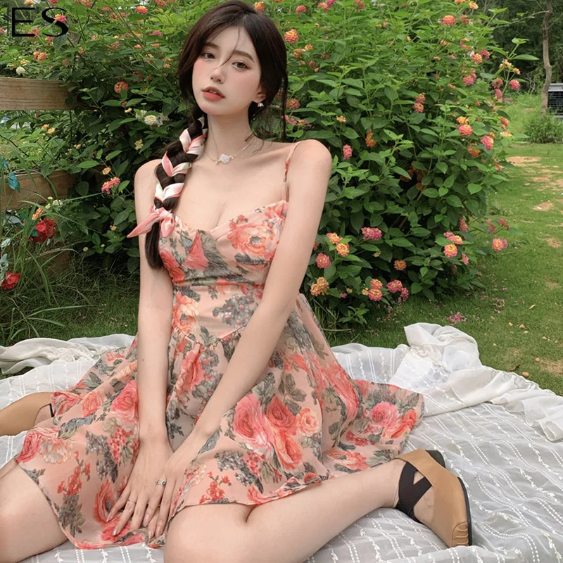 

ES Floral dress women's seaside resort princess skirt 2022 summer new