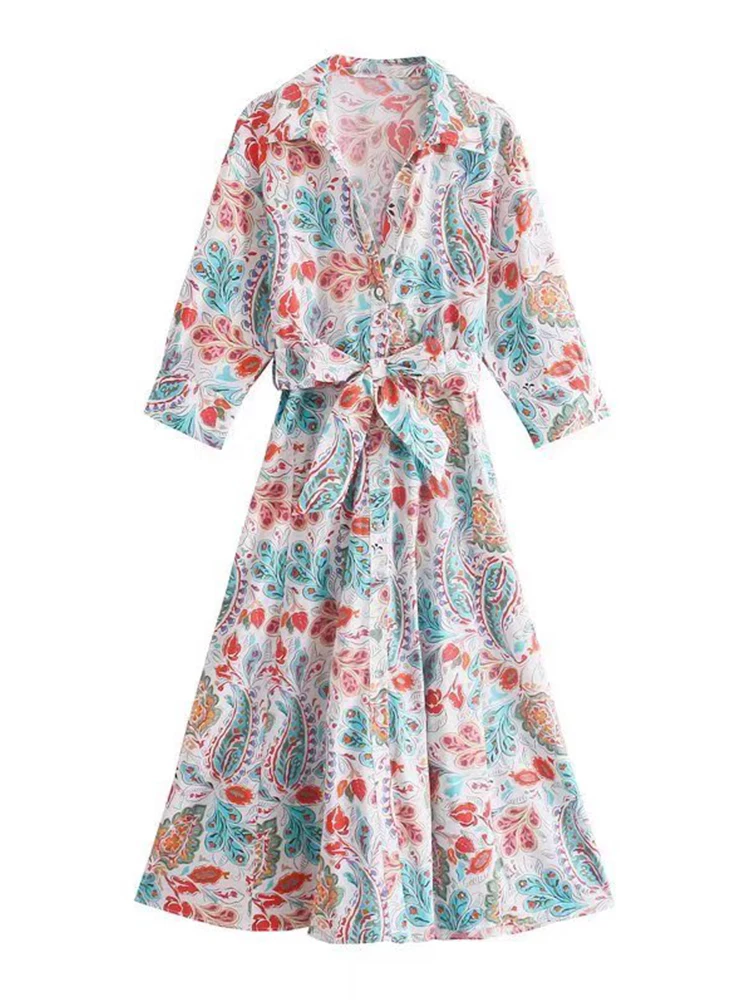 

TFMLN 2022 летние женские платья а-силуэта с поясом рукавом 3/4 отложным воротником для вечерние женские повседневные винтажные средние женские