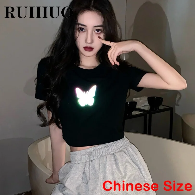 

RUIHUO Светоотражающая футболка Женская Бесплатная доставка 2022 Топ летняя одежда для женщин футболка китайский размер фото новое поступление