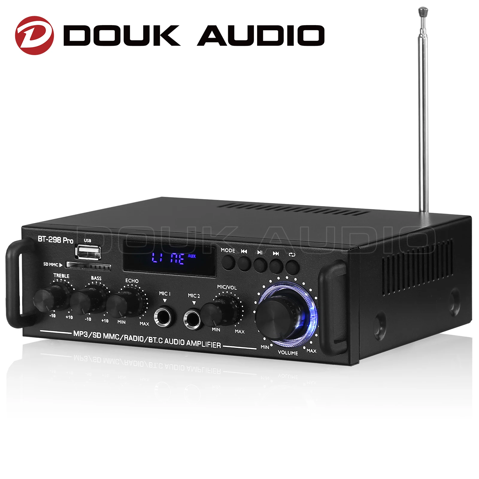 

Douk Audio BT298 pro Dual MIC Amplifier Bluetooth 5.0 Receiver 2.0 Channel SD Card USB Player FM Radio Home Karaoke Amp