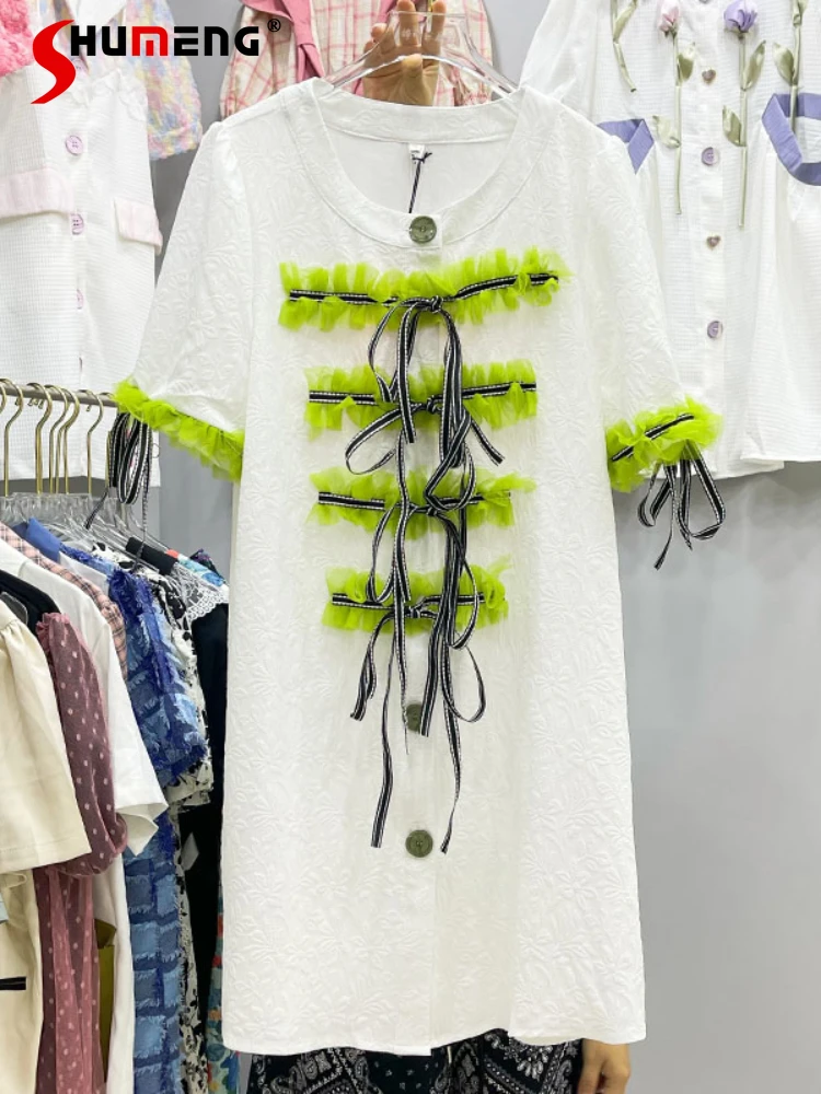 

French Style Summer White Stitching Contrast Color Fungus Lace-up Ribbon Shirt Dress Lolita Women's Short Sleeve Jacquard Dress
