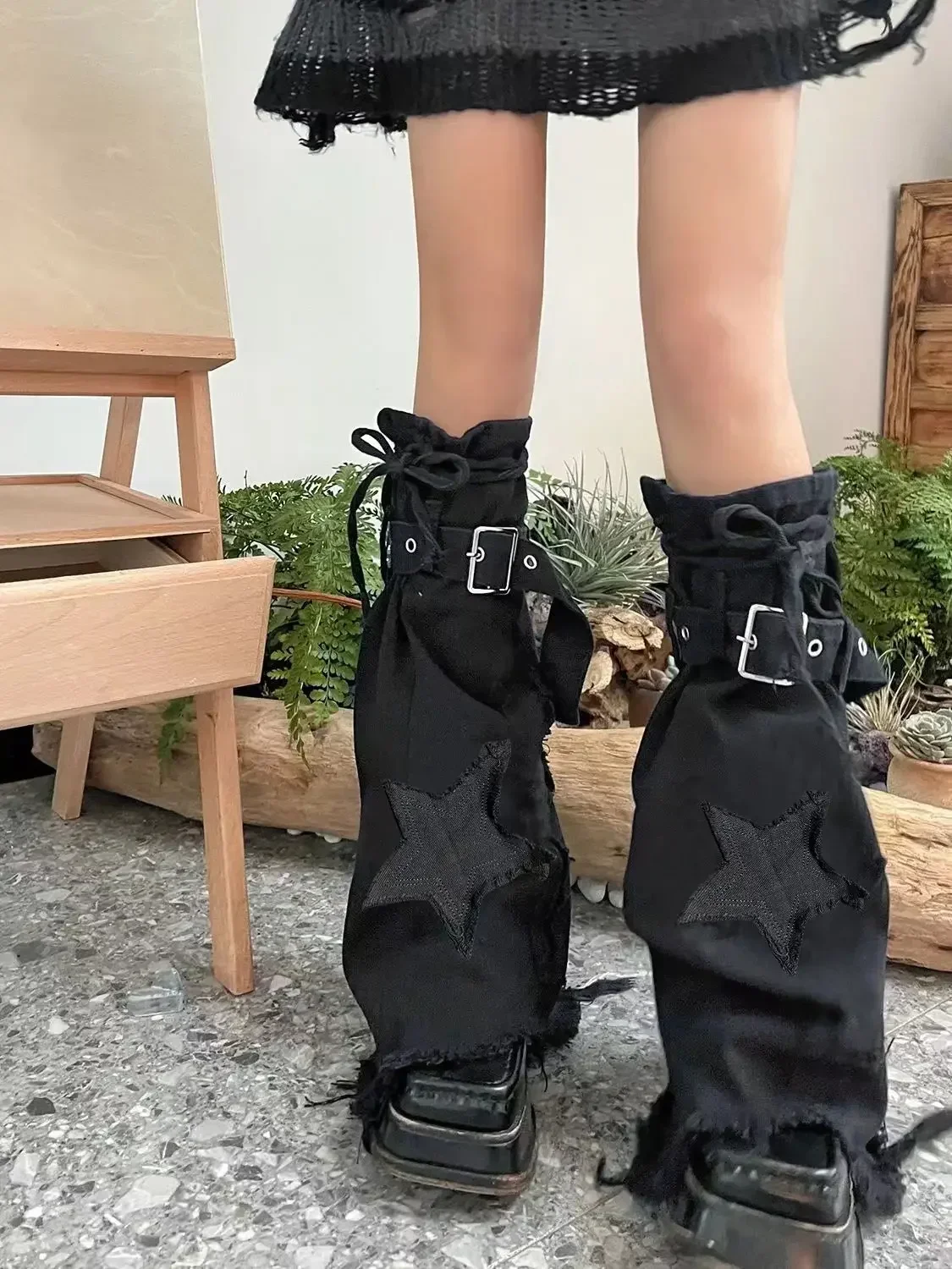 Японский стиль Y2k Kpop Джинсовые расклешенные гетры 90-х годов Звездная вышивка на