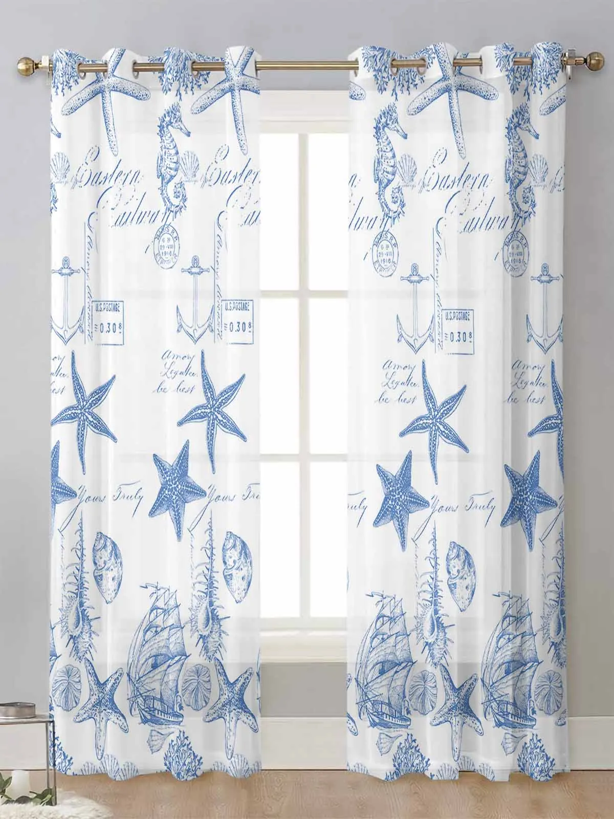 

Blue Ocean Starfish Conch Seahorse Anchor Sheer Curtains For Living Room Window Voile Tulle Curtain Cortinas Drapes Home Decor