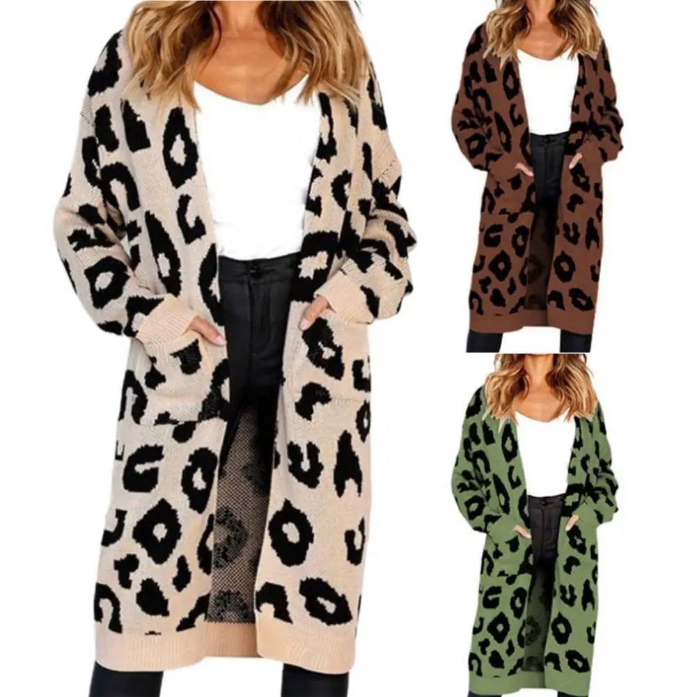 

Women Sweater Thick Long Sleeve Leopard Print Lady Winter Knitted Cardigan Coat for Outdoor