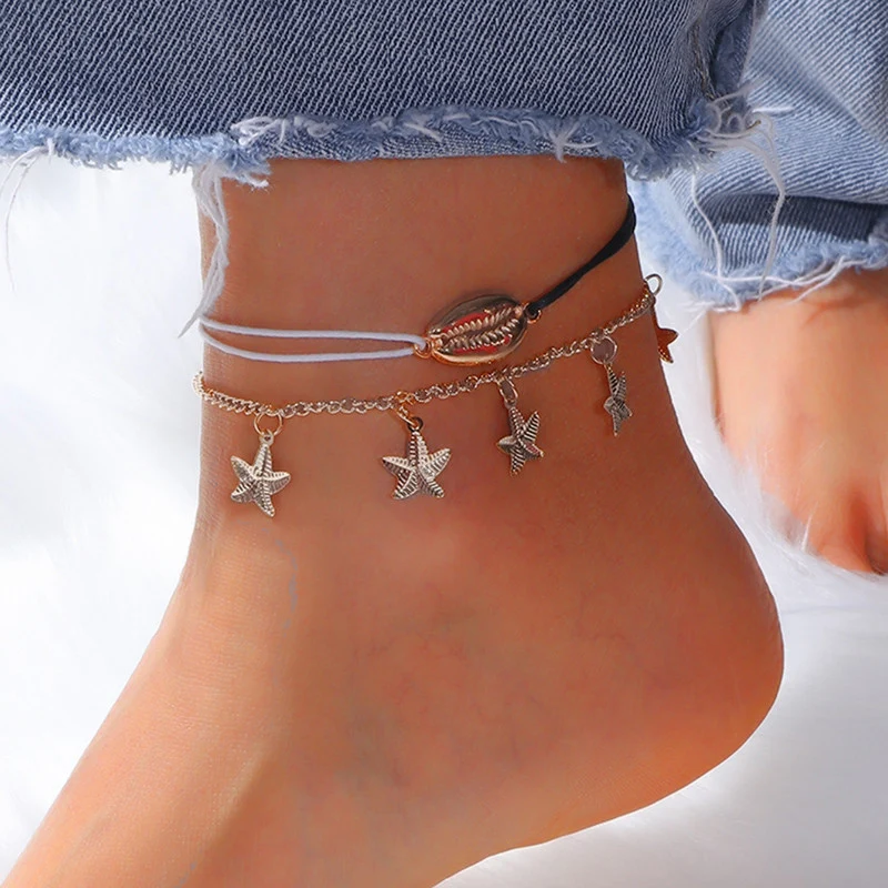 

Hot Gold Color Simple Anklets Chains for Women Summer Beach Thin Chain Shell Starfish Charms Ankle Barefoot Female Foot Jewelry
