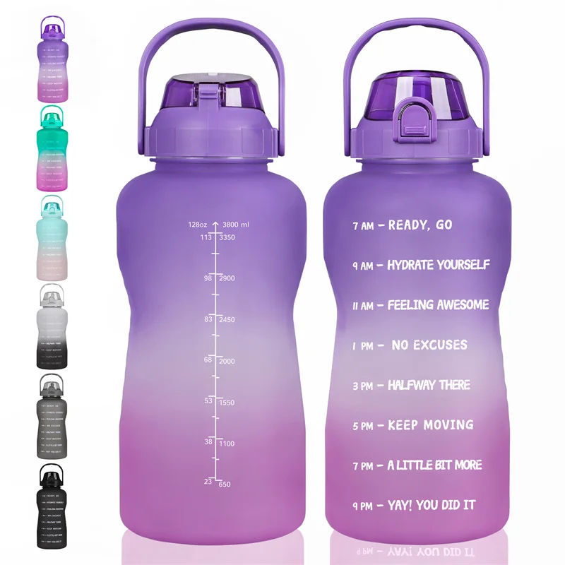 

Gallon Sport Water Bottles With Straw 3.8 / 2 Litre Handle Drinking Tritan BPA Free Motivational Quote Time Marker Fitness Jugs
