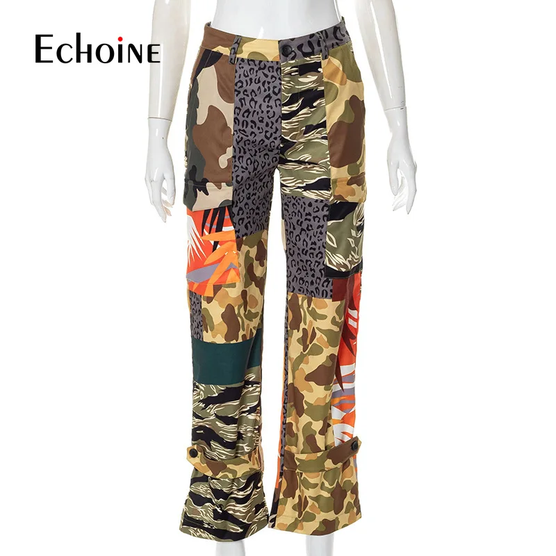 Осень 2022 женские камуфляжные брюки в стиле пэчворк с высокой талией прямые