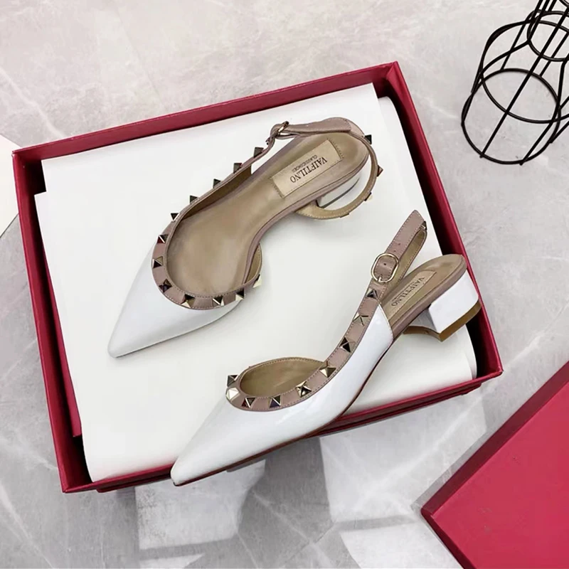 Real Leather Women's Sandals Summer 2023 Luxury Brand Woman Shoes Fashion Casual Rivets Shoes Designer Chunky Heel Ladies Shoes