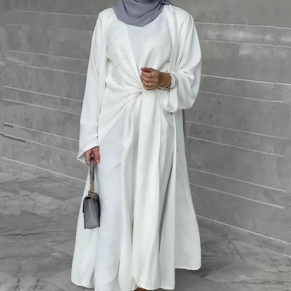 Wepbel 2 Piece Sets Muslim Dress Sets Ramadan Party Maxi Dress Abaya Dubai Open Abaya Cardigan Eid Caftan Islamic Clothing Robe