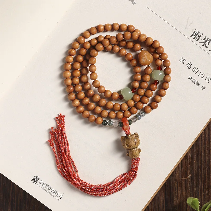 

Natural sandalwood with multiple circles of fragrance cultural and Buddhist beads bracelet sandalwood carving cute cat retro