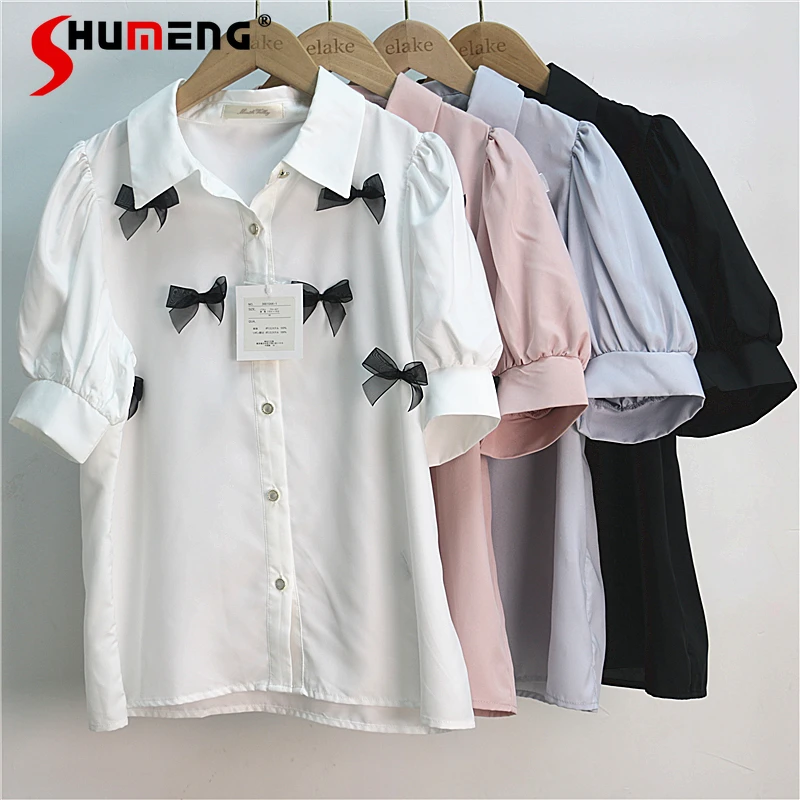 Японский продукт Rojita летняя блузка с бантом и коротким рукавом Однотонная Милая