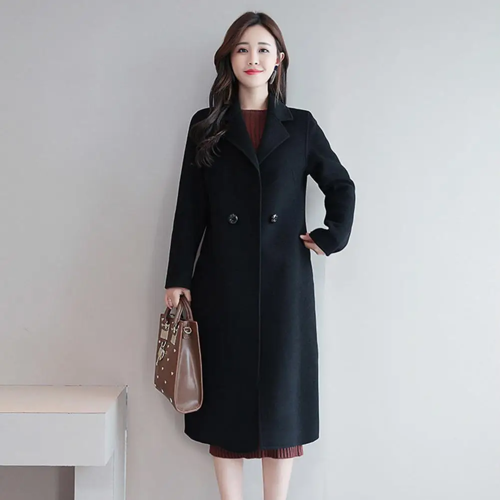 

Women Winter Overcoat Turn-down Collar Long Sleeves Double Single Buttons Loose Thermal Cardigan Midi Length Lady Coat Dating